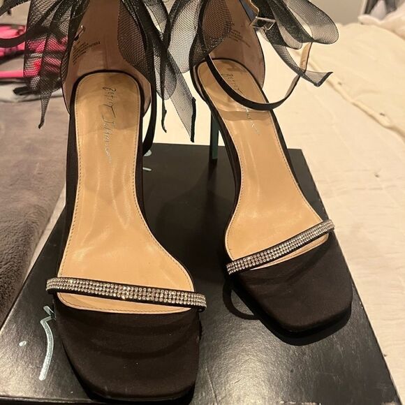 Betsy Johnson SB-Tori Black Satin Rhinestone Bow Ankle Strap - Picture 6 of 11